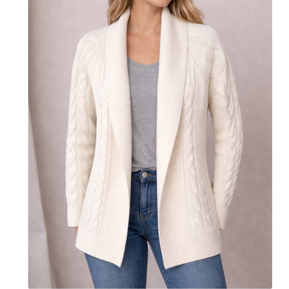 Open-Front Cable Knit Shawl Collar Cardigan in Cream
